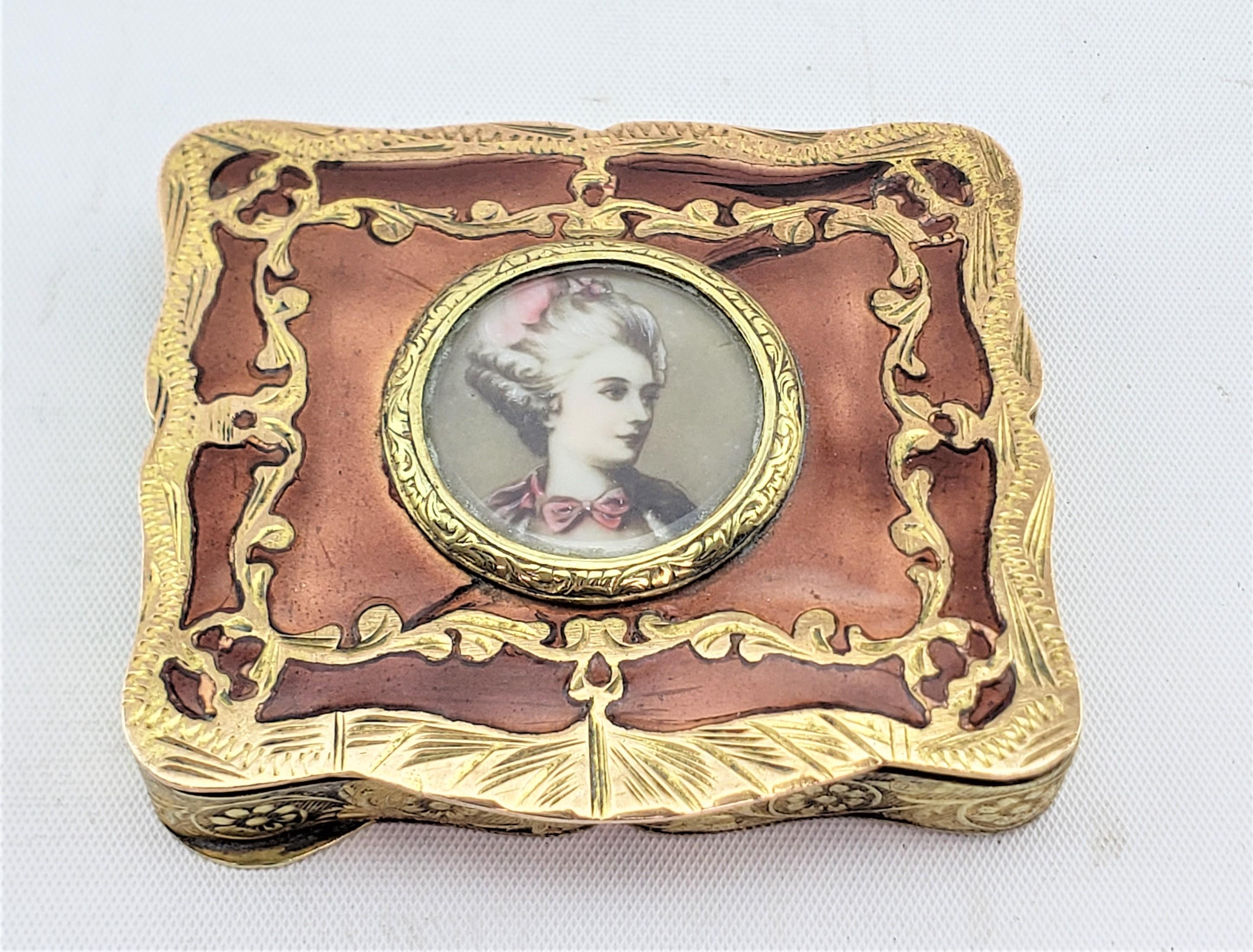 Renaissance Revival Antique Gilt Copper & Enamel Ladies Compac with Hand Painted Portrait For Sale