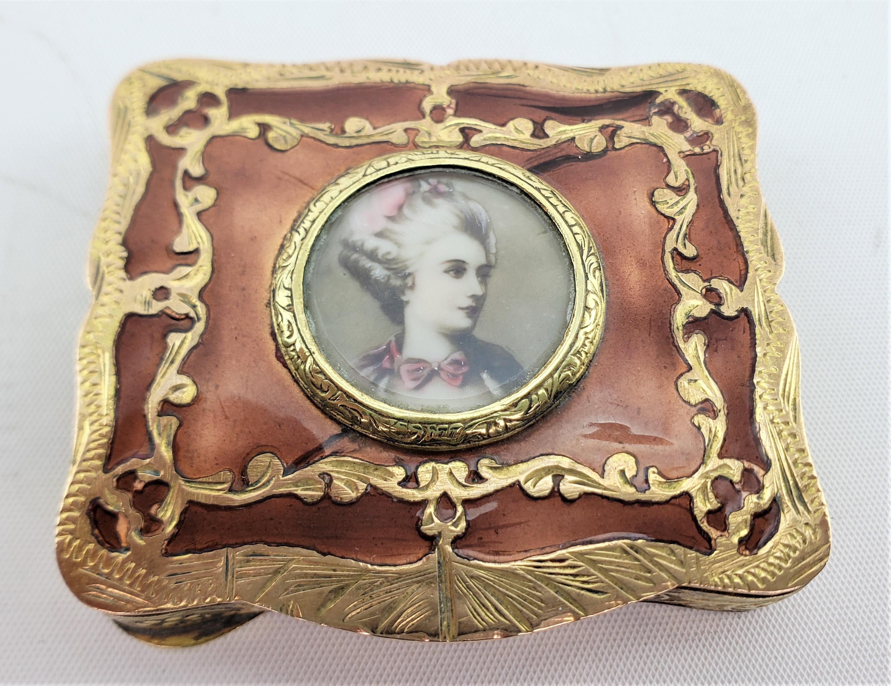 Italian Antique Gilt Copper & Enamel Ladies Compac with Hand Painted Portrait For Sale