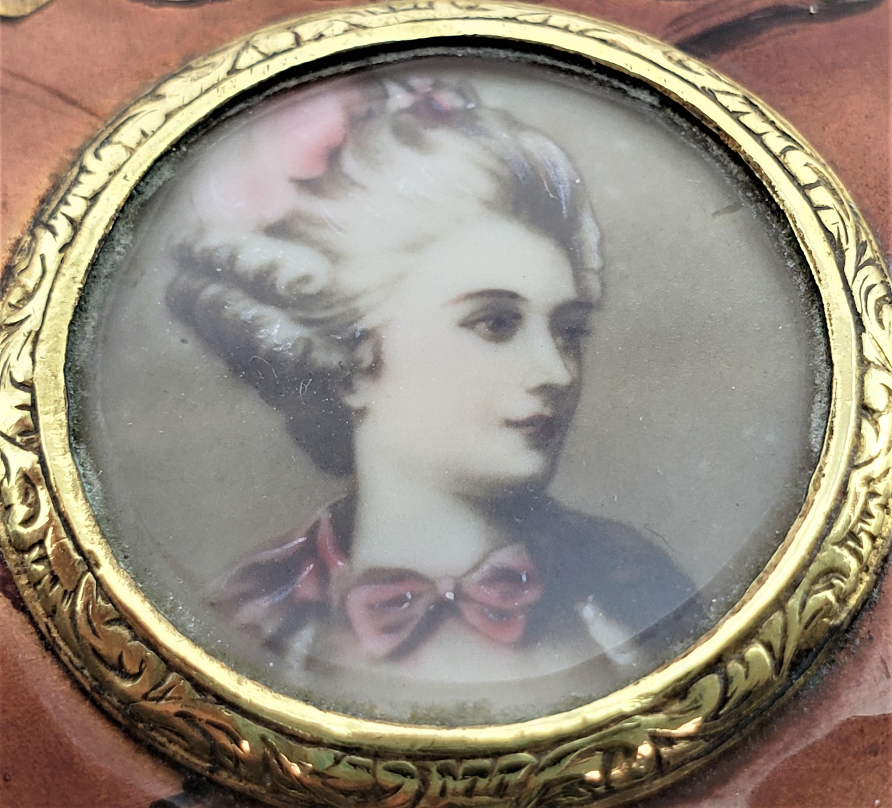 Hand-Painted Antique Gilt Copper & Enamel Ladies Compac with Hand Painted Portrait For Sale