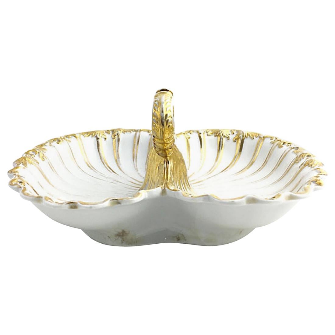 Antique Gilt Divided Shell Serving Dish with Handle by Moabit For Sale
