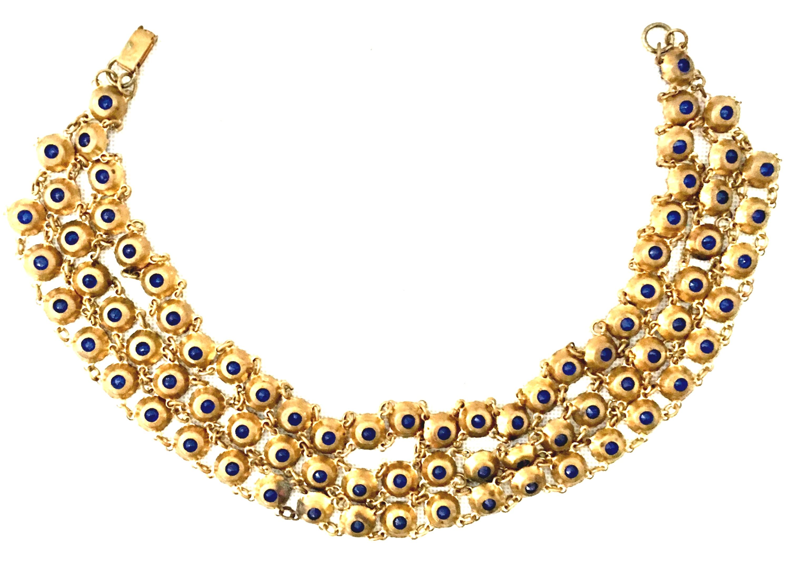 Antique Gilt Gold Sapphire Blue Faceted Glass Choker Necklace & Bracelet S/2 For Sale 9