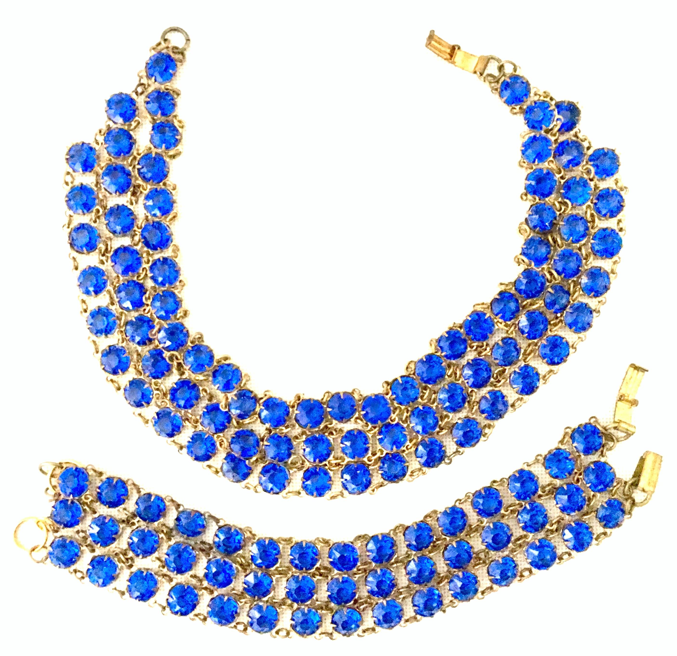 Antique Gilt Gold Sapphire Blue Faceted Glass Choker Necklace & Bracelet S/2 In Good Condition For Sale In West Palm Beach, FL