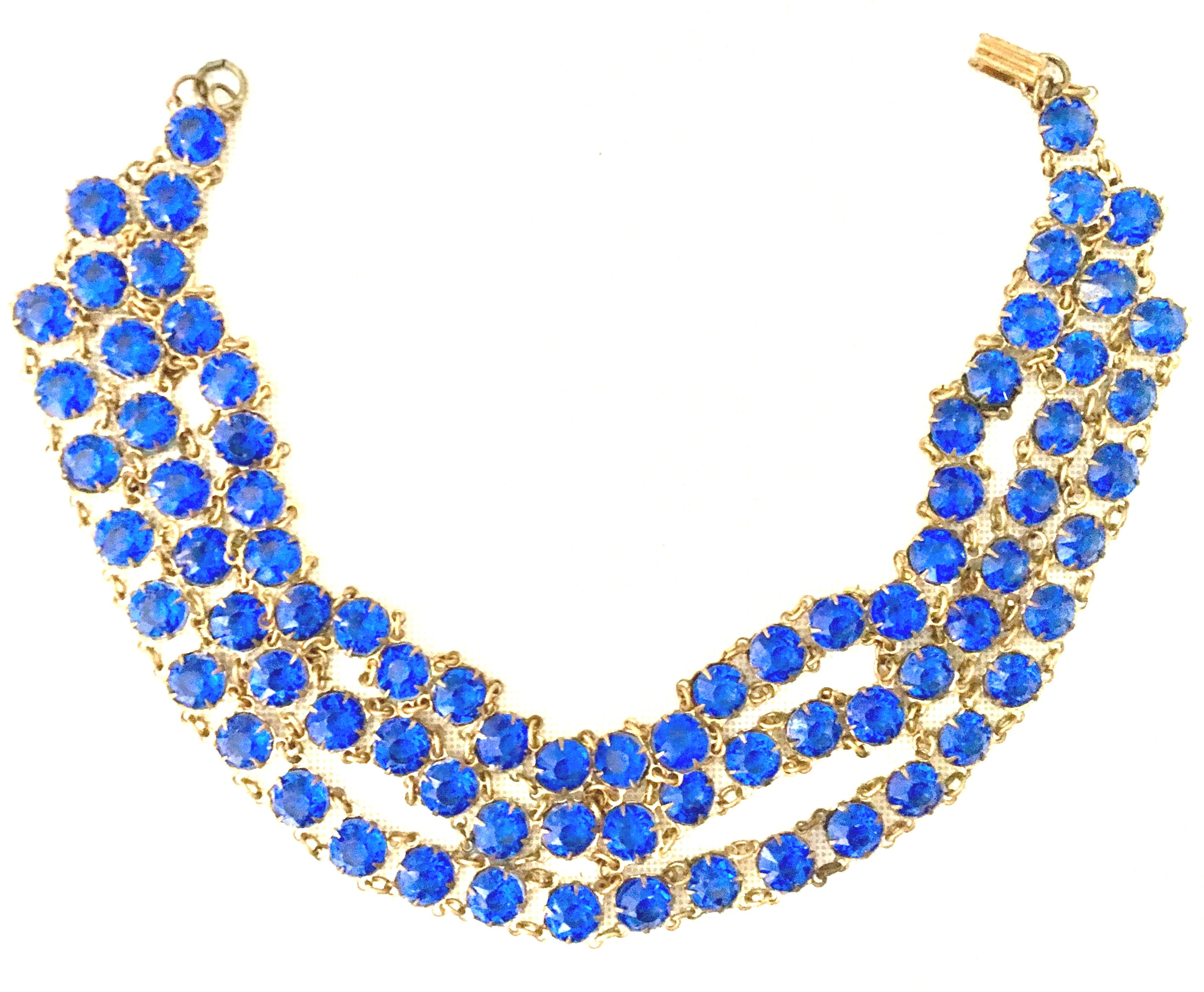 Women's or Men's Antique Gilt Gold Sapphire Blue Faceted Glass Choker Necklace & Bracelet S/2 For Sale