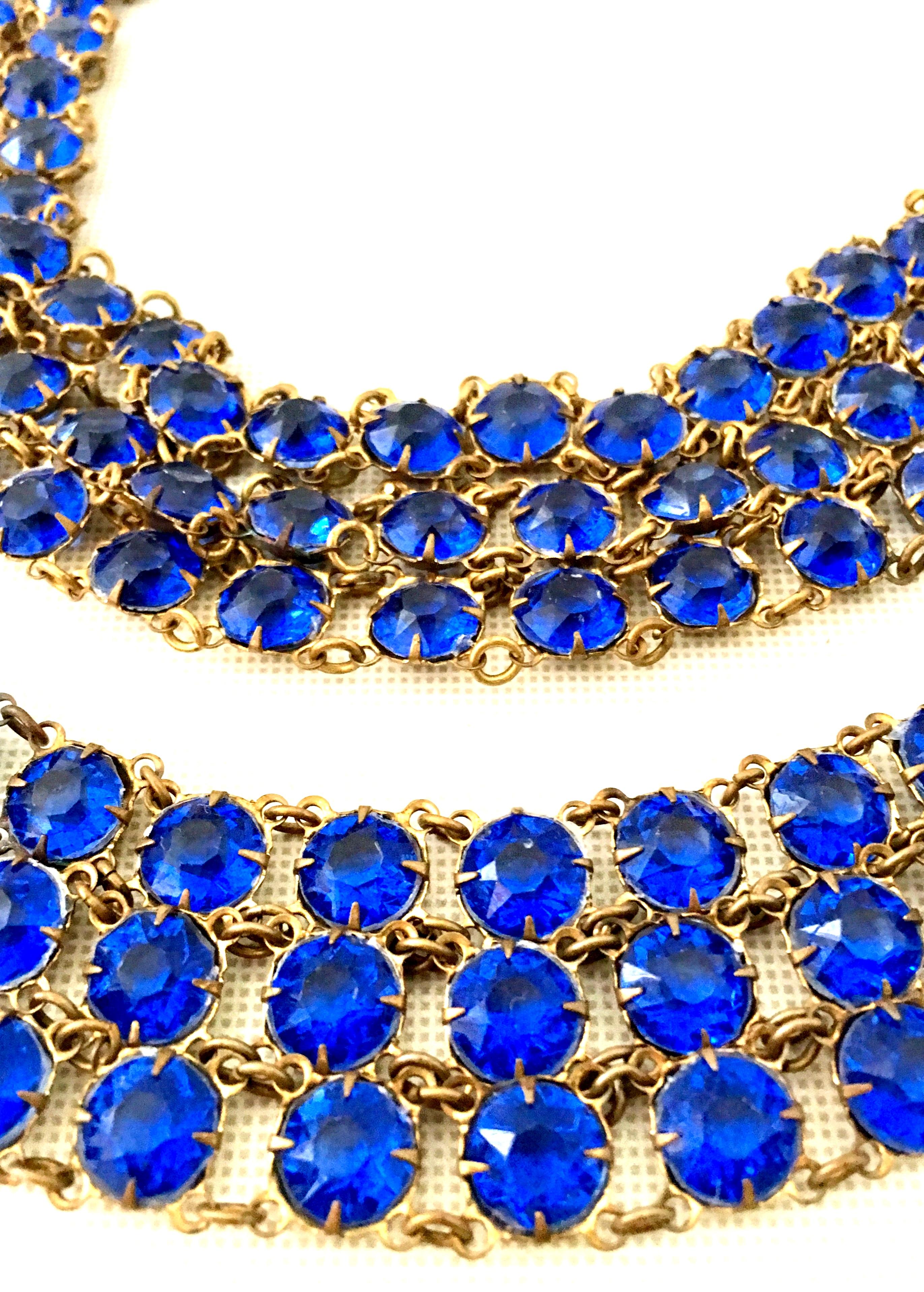 Antique Gilt Gold Sapphire Blue Faceted Glass Choker Necklace & Bracelet S/2 For Sale 2