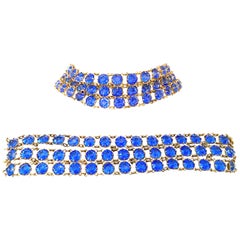 Vintage Gilt Gold Sapphire Blue Faceted Glass Choker Necklace & Bracelet S/2