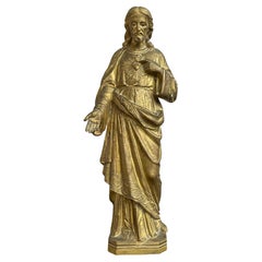 Sculpture gothique ancienne et dorée du Christ Saint-Cœur avec Signature du fabricant