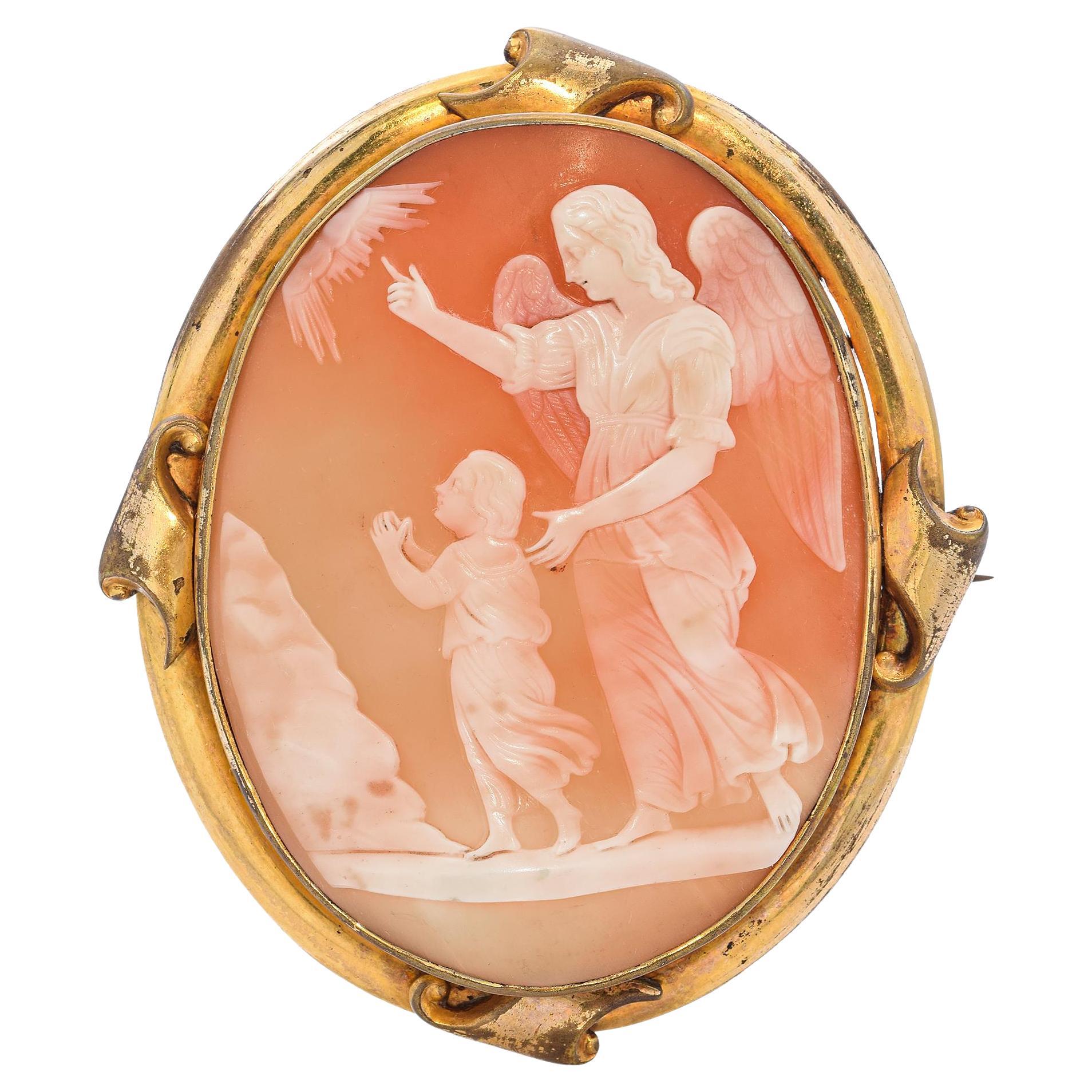 Antique Gilt "Guardian Angel" Cameo Brooch Pendant