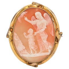 Antique Gilt "Guardian Angel" Cameo Brooch Pendant