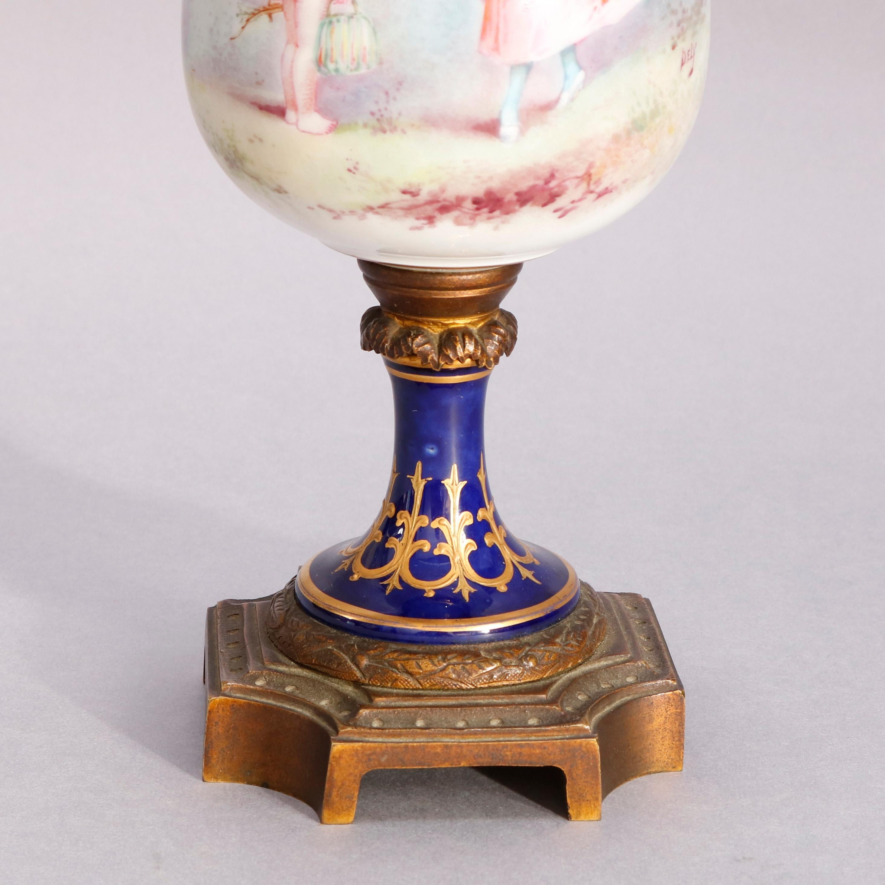 Cast Antique Gilt Hand Painted Sevres School Porcelain and Bronze Pictorial Urn