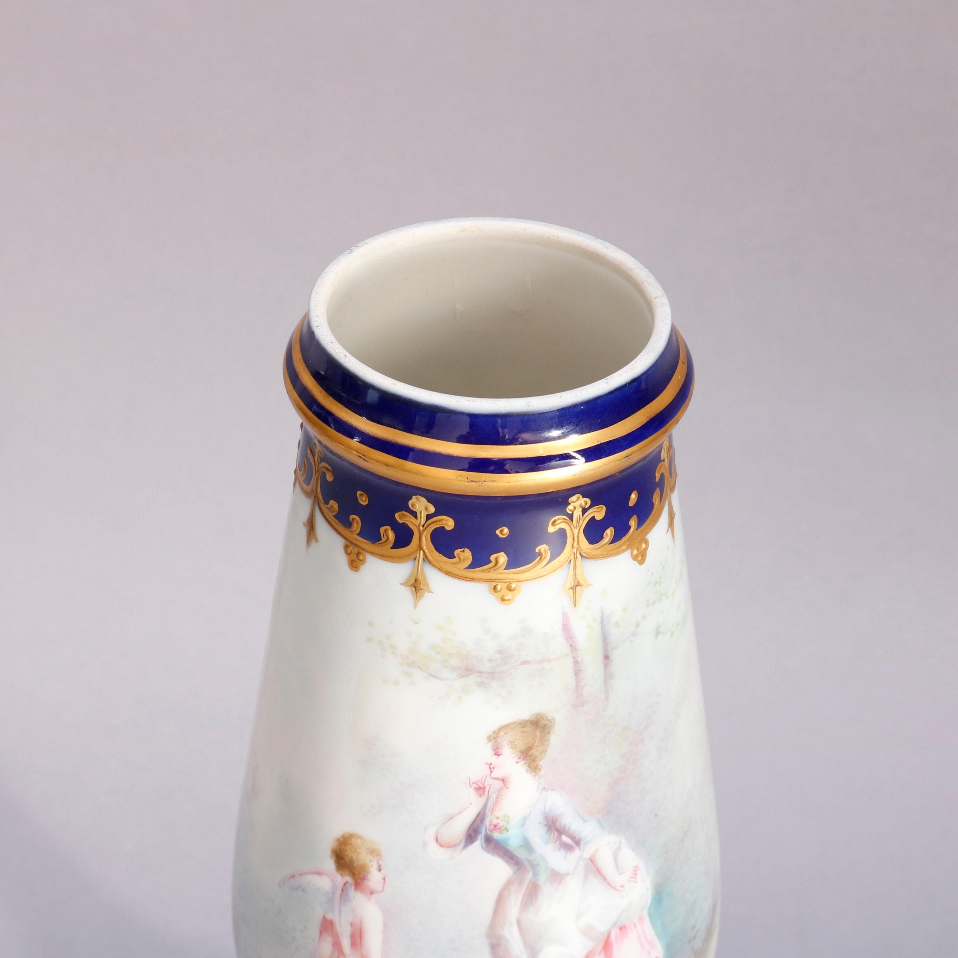 Antique Gilt Hand Painted Sevres School Porcelain and Bronze Pictorial Urn In Good Condition In Big Flats, NY