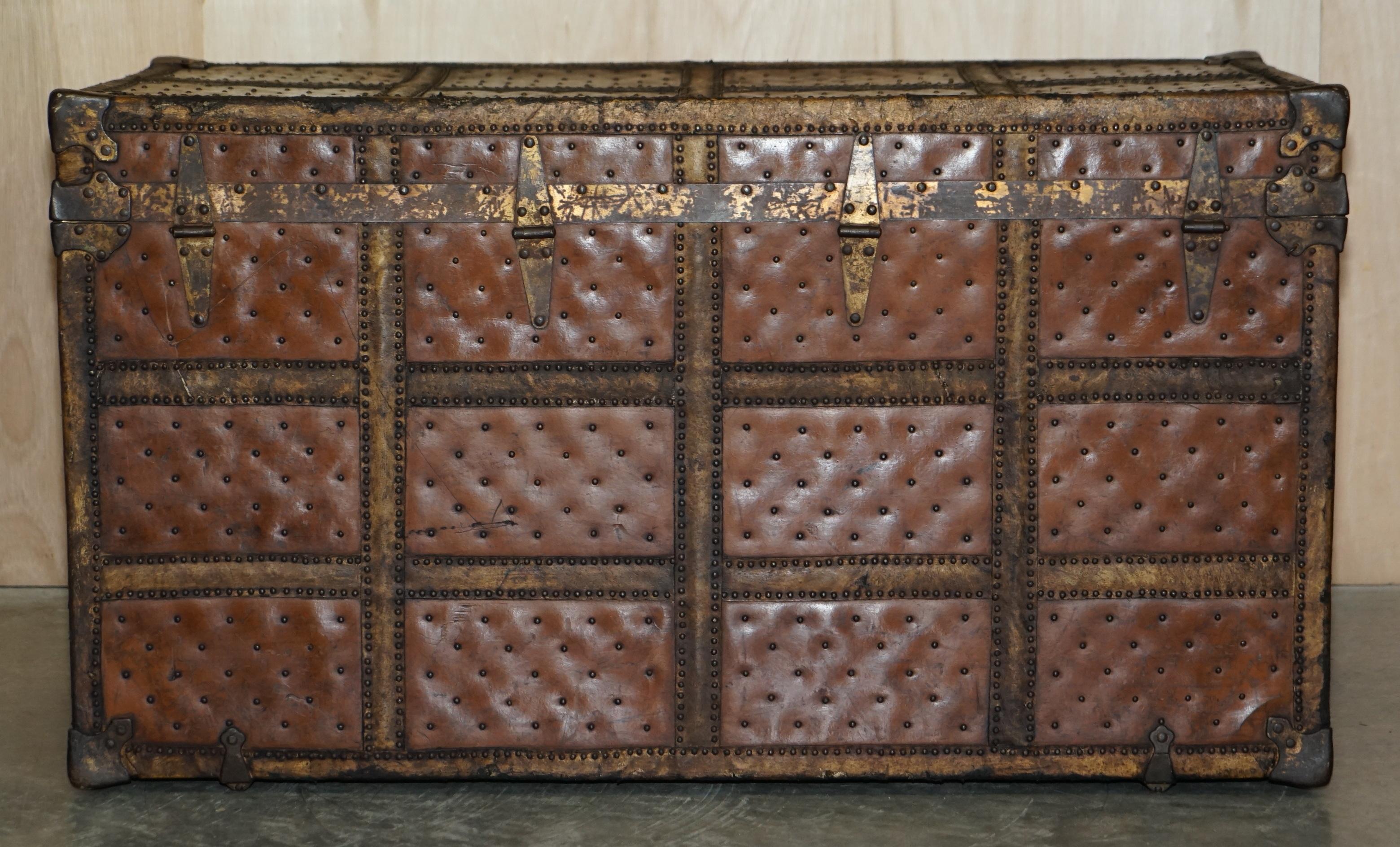Antique Gilt Iron & Riveted Leather Bound Steamer Travel Trunk Nice Coffee Table 6
