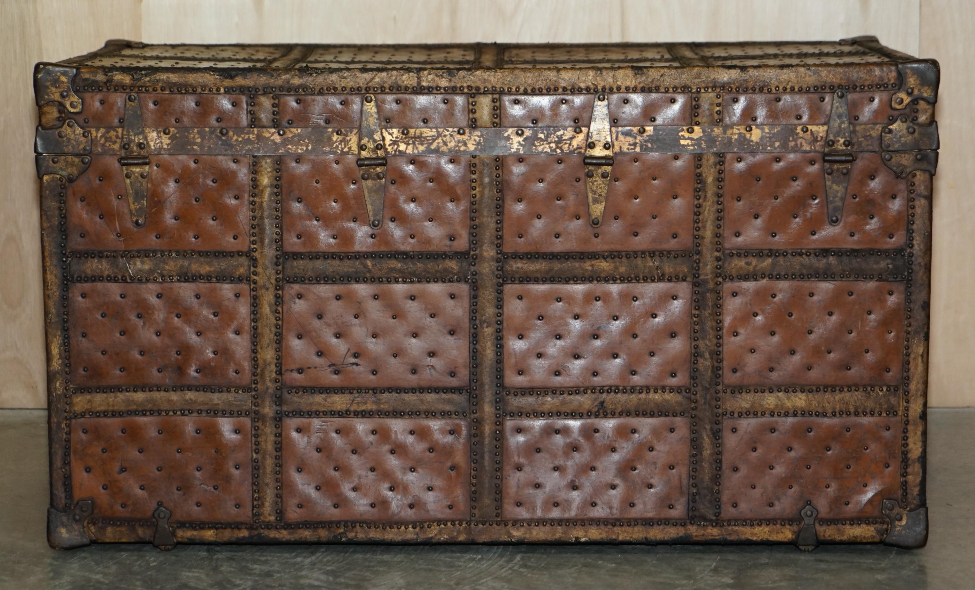 Antique Gilt Iron & Riveted Leather Bound Steamer Travel Trunk Nice Coffee Table 7