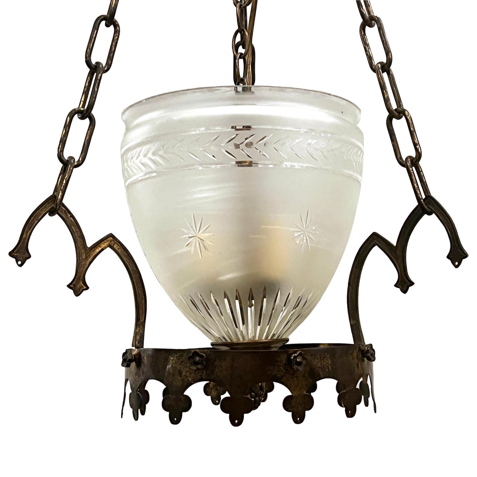 A late 19th Century English gilt metal lantern with etched glass and three interior lights.

Measurements:
Drop: 25.5