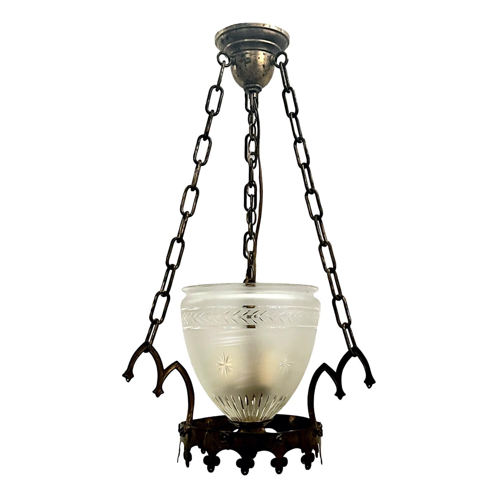 Antique Gilt Lantern with Etched Glass In Good Condition For Sale In New York, NY