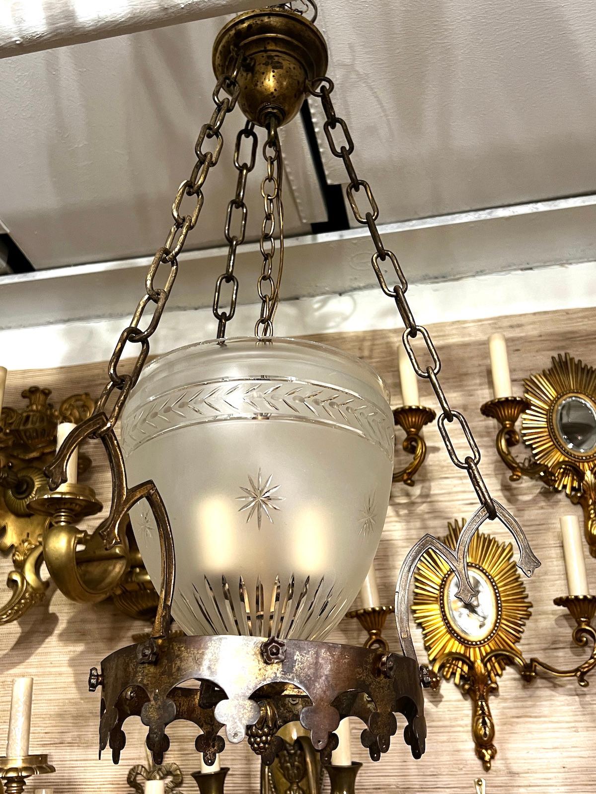 Antique Gilt Lantern with Etched Glass For Sale 1