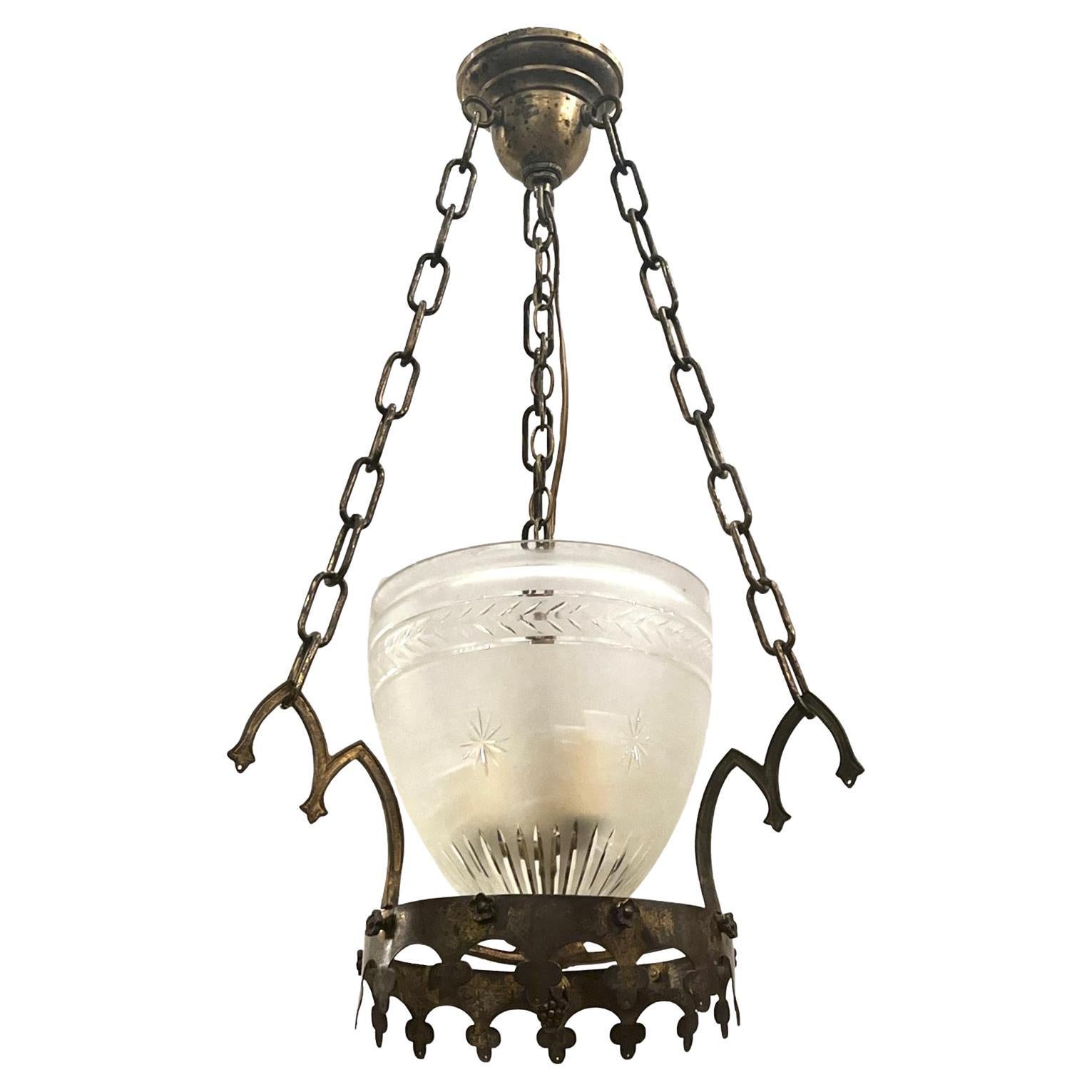 Antique Gilt Lantern with Etched Glass For Sale