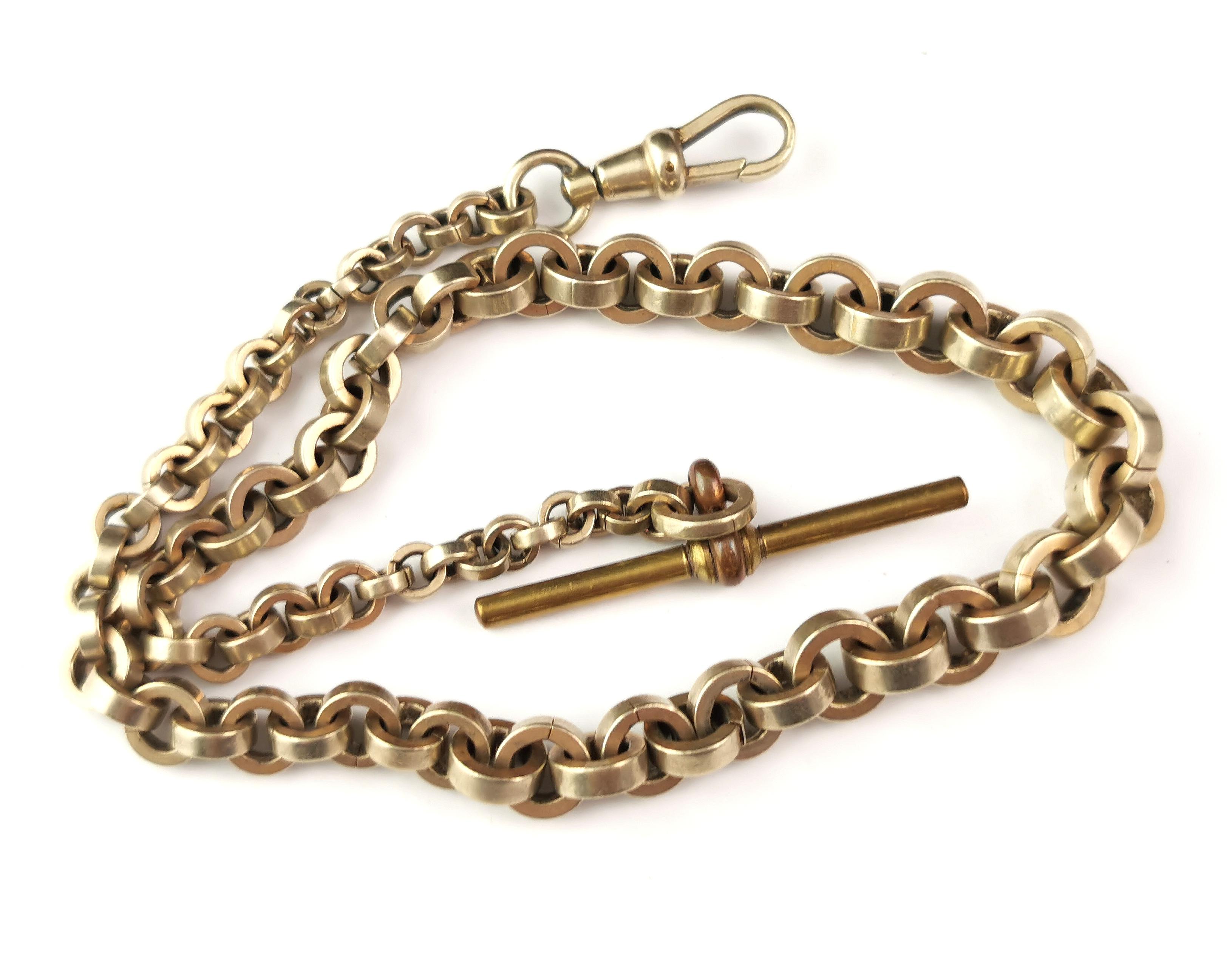 A handsome antique Victorian era gilt metal Albert chain.

An unusual chunky rolo link chain which is graduated and it has a dog clip fastener and a brass t bar.

It is a golden gilt wash over white metal and is a nice solid piece.

Perfect for