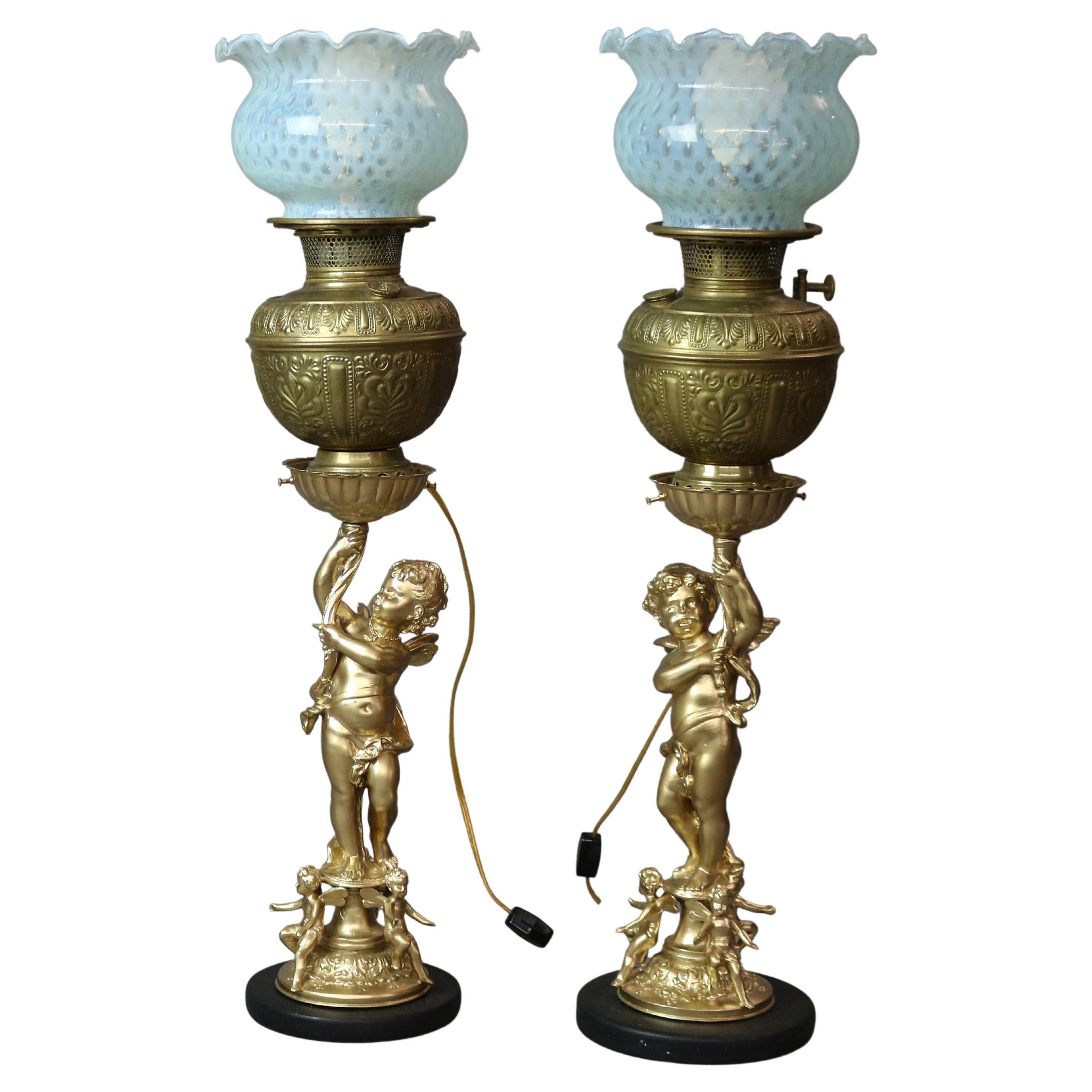 Antique Victorian Onyx, Gilt and Silvered Metal Figural Cherub Parlor