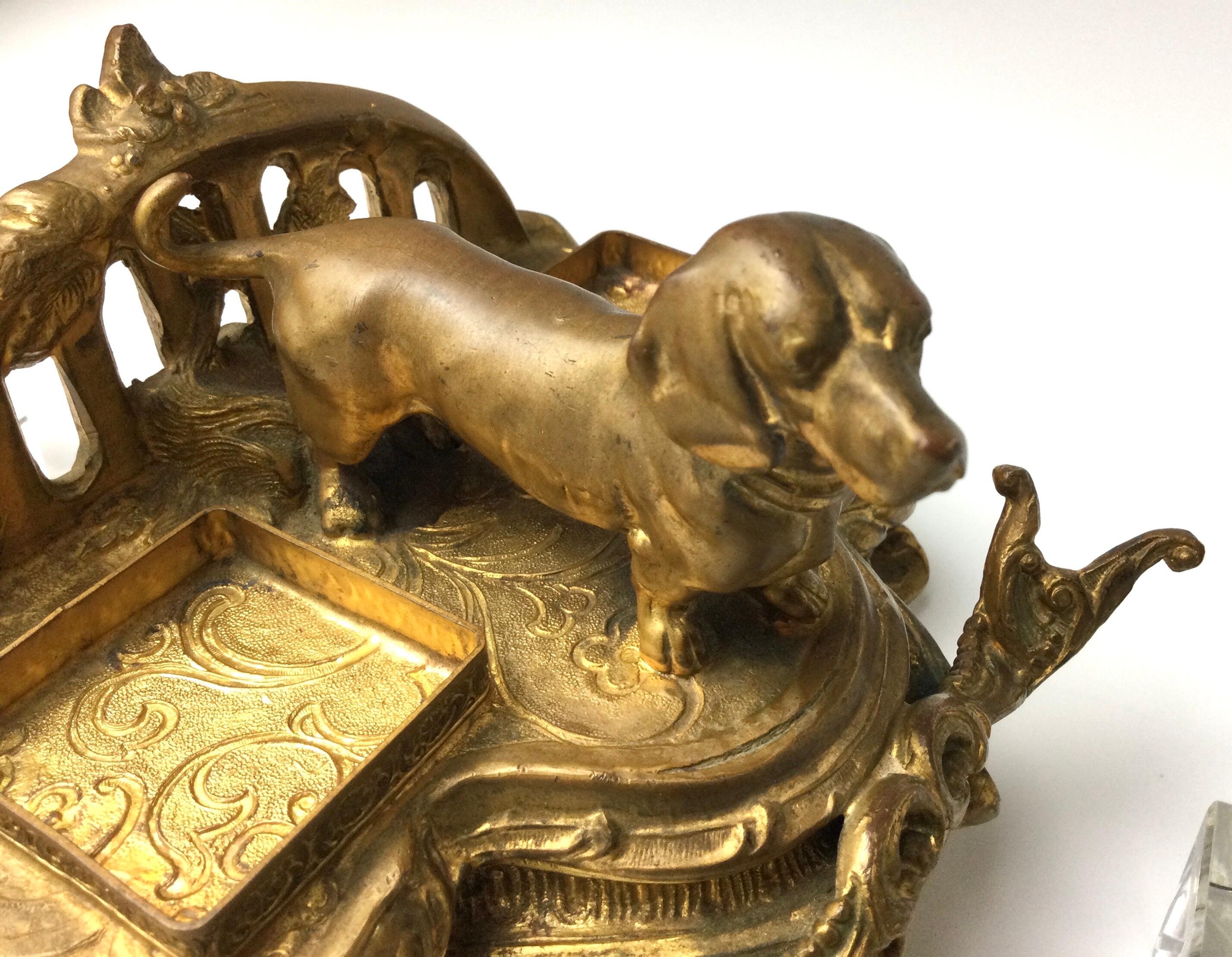 Antique Gilt Metal Double Glass Inkwells with Dachshund Dog 5