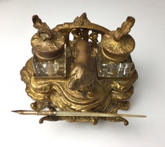 Antique Gilt Metal Double Glass Inkwells with Dachshund Dog
