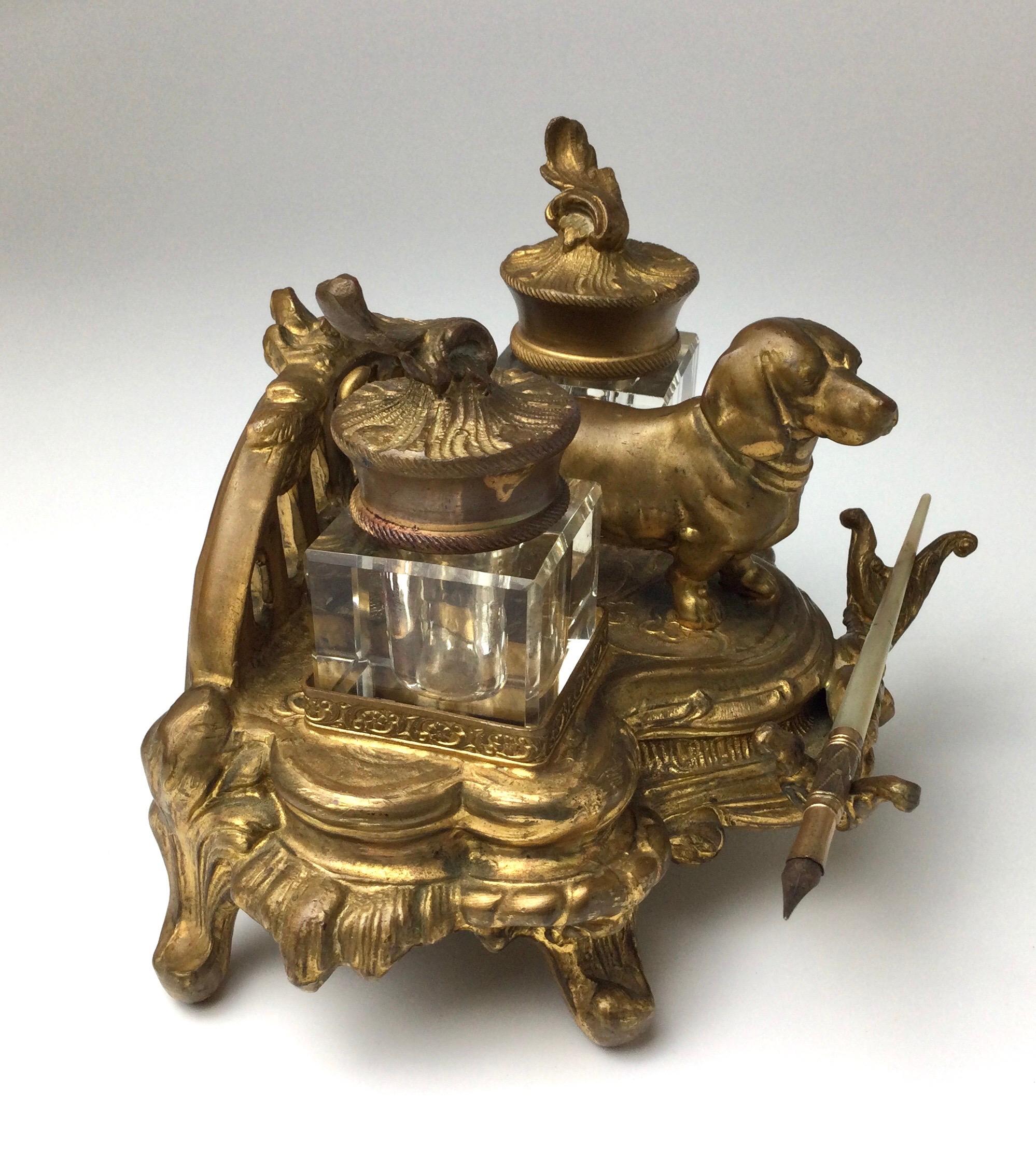 English Antique Gilt Metal Double Glass Inkwells with Dachshund Dog