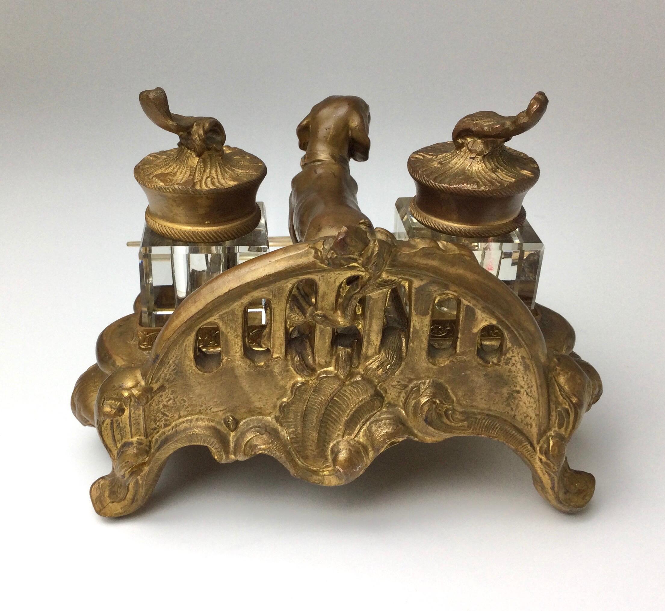 Antique Gilt Metal Double Glass Inkwells with Dachshund Dog In Good Condition In Lambertville, NJ