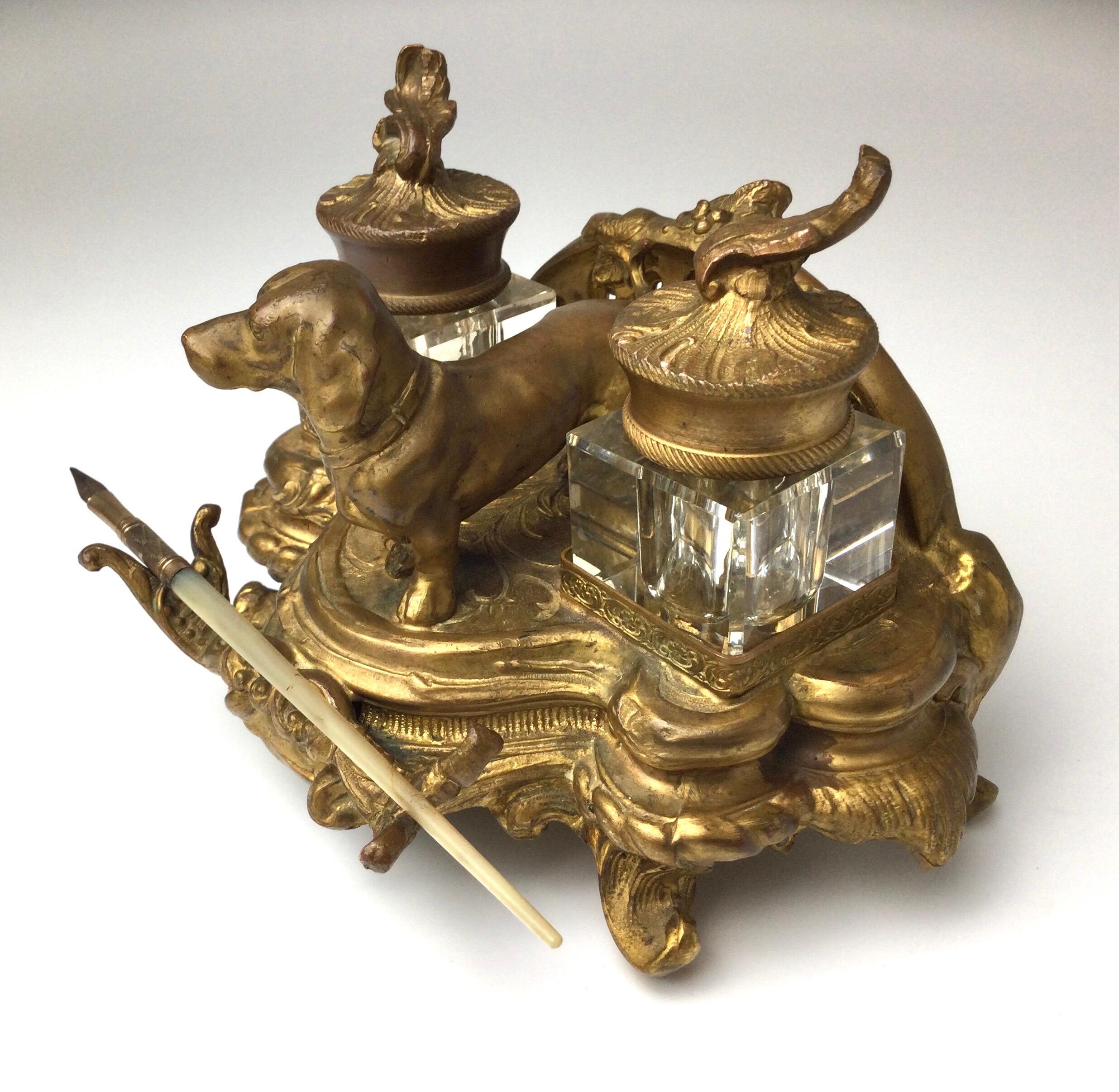 Late 19th Century Antique Gilt Metal Double Glass Inkwells with Dachshund Dog
