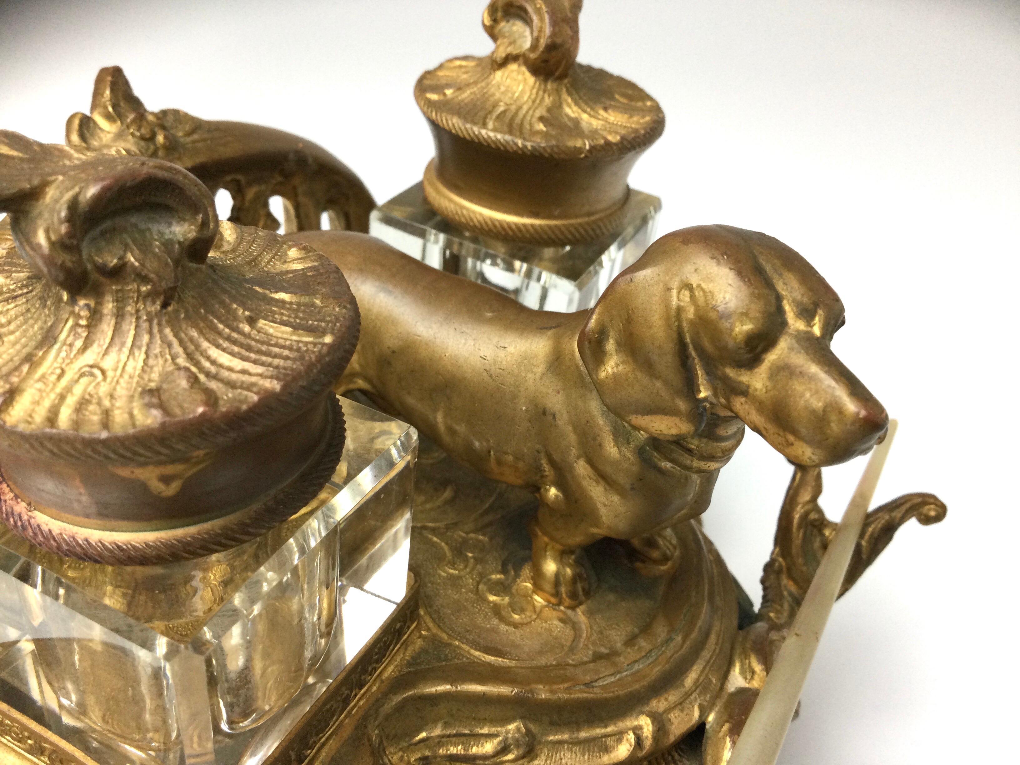 Antique Gilt Metal Double Glass Inkwells with Dachshund Dog 1