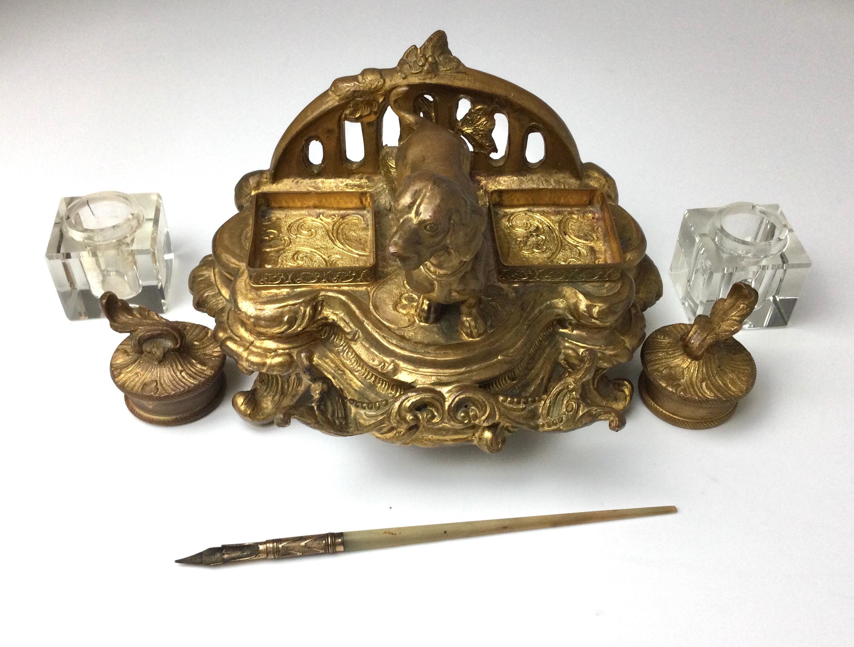 Antique Gilt Metal Double Glass Inkwells with Dachshund Dog 2