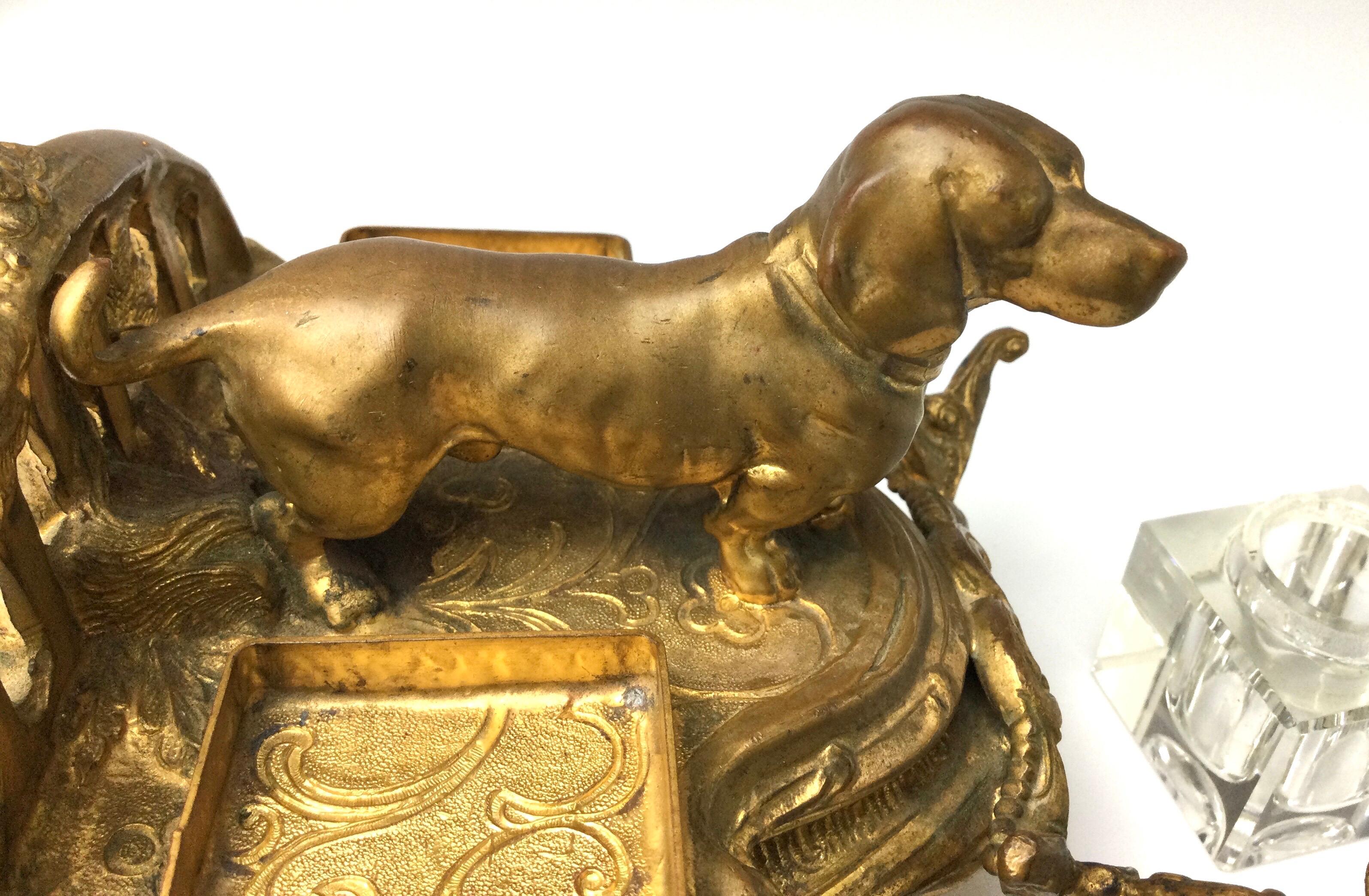 Antique Gilt Metal Double Glass Inkwells with Dachshund Dog 4