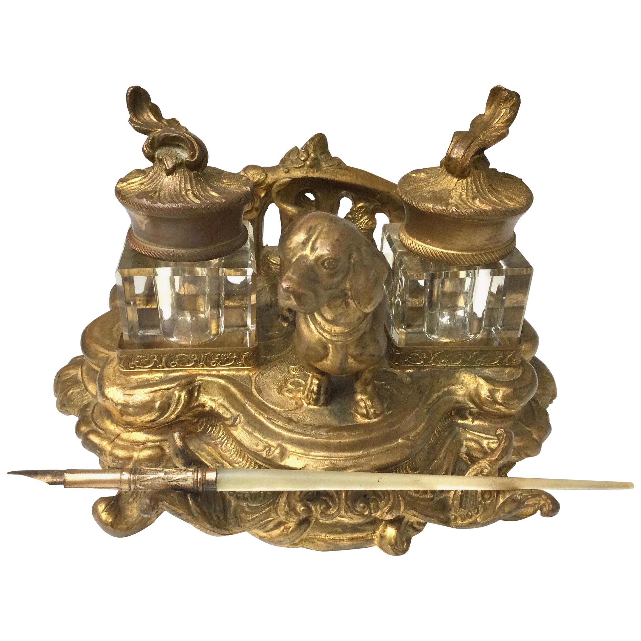 Antique Gilt Metal Double Glass Inkwells with Dachshund Dog