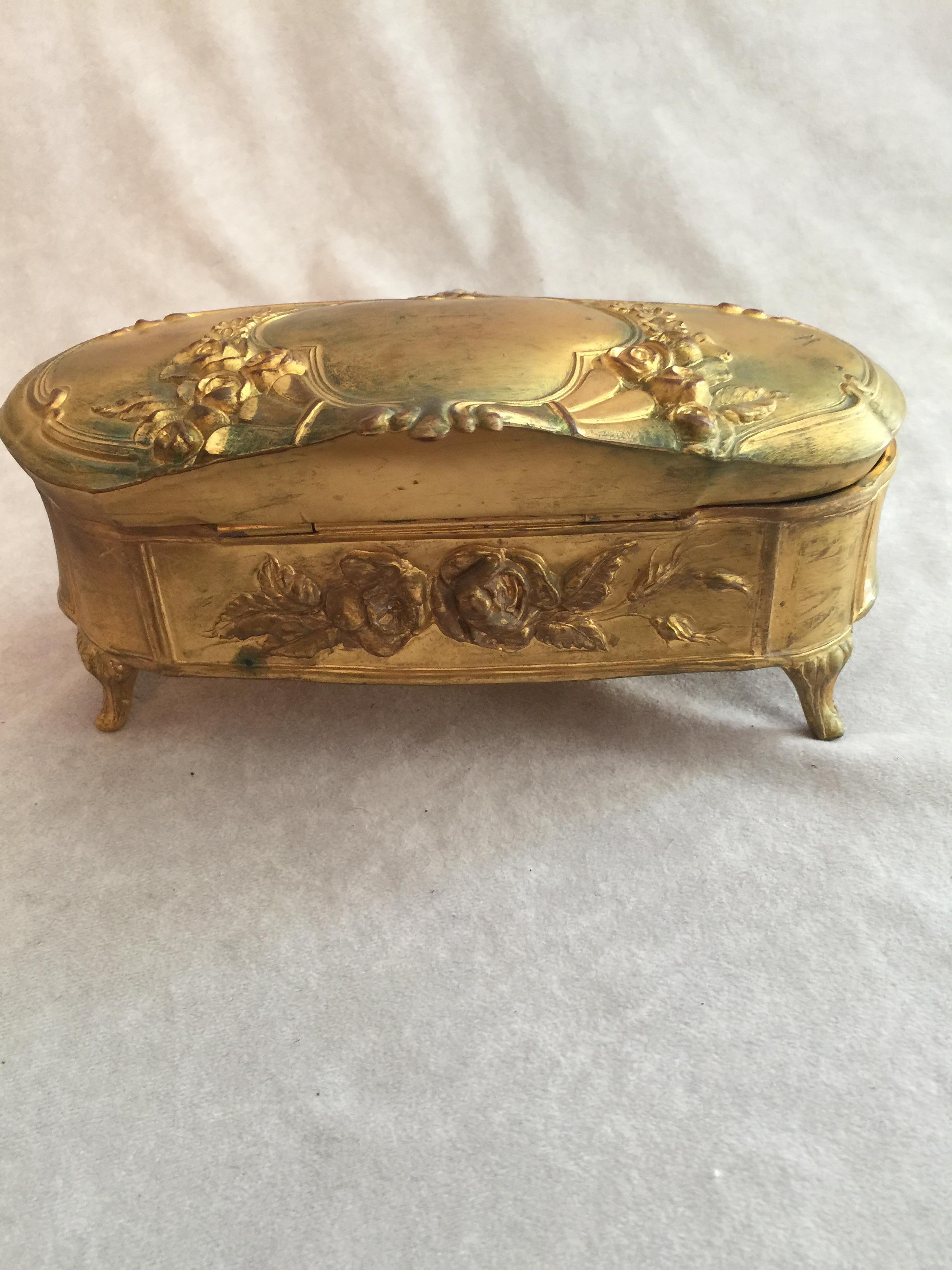 American Antique Gilt Metal Jewelry Box, French Style, ca. 1920