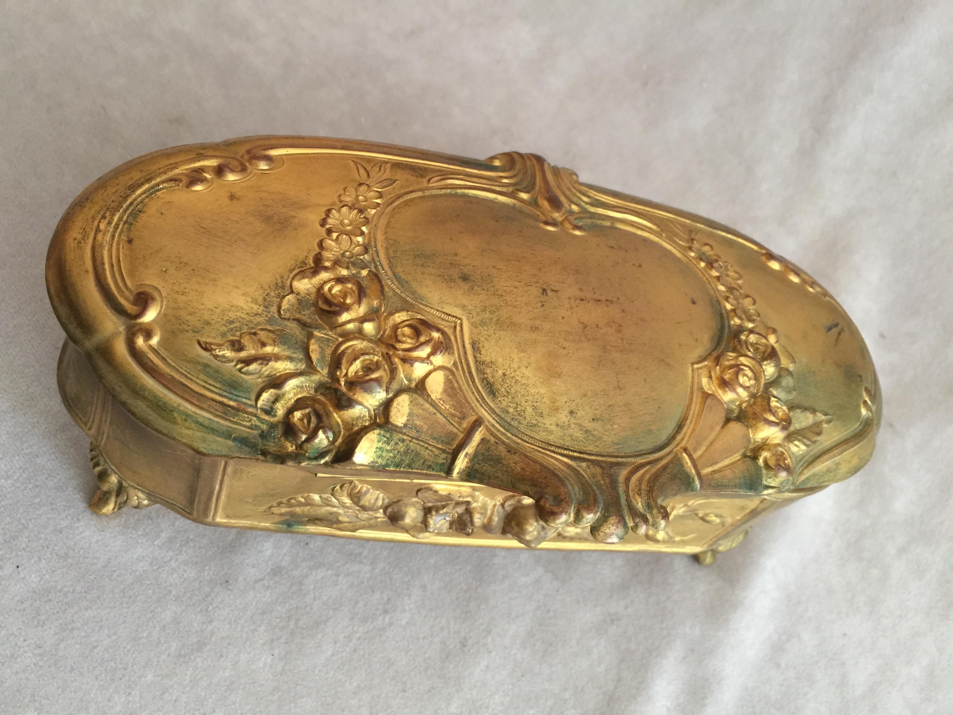 Antique Gilt Metal Jewelry Box, French Style, ca. 1920 In Good Condition In Petaluma, CA