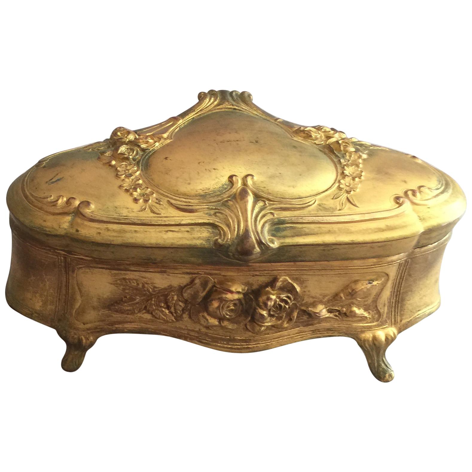 Antique Gilt Metal Jewelry Box, French Style, ca. 1920