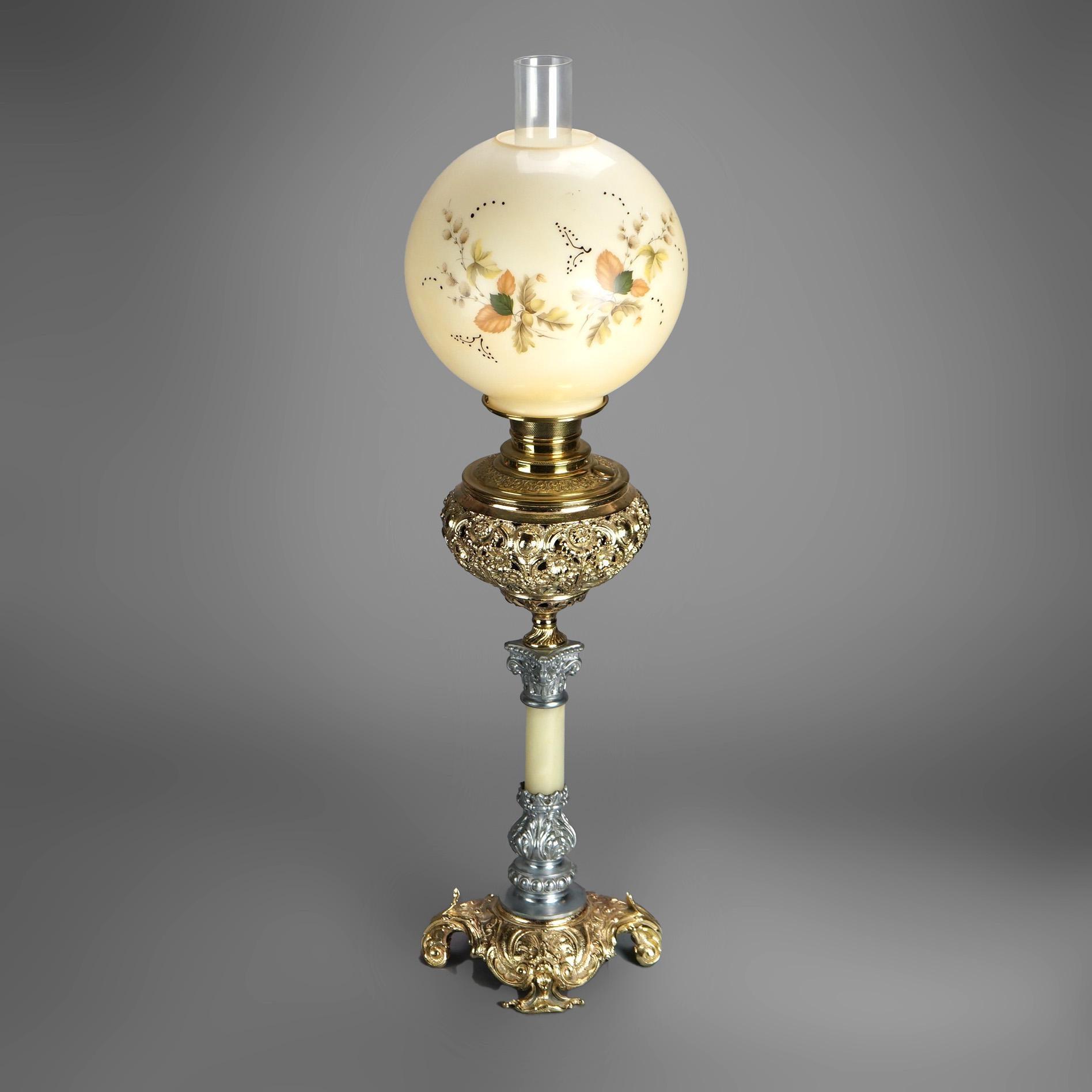 Antike viktorianische Salonlampe aus vergoldetem Metall und Onyx mit handbemalter Schirm, um 1890 im Angebot 4