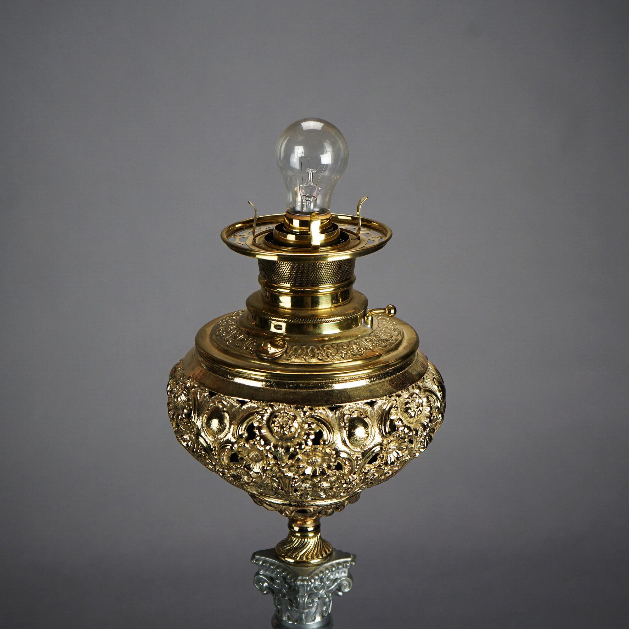 Antike viktorianische Salonlampe aus vergoldetem Metall und Onyx mit handbemalter Schirm, um 1890 im Angebot 7