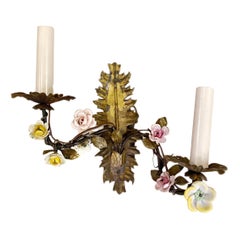 Antique Gilt Metal Sconces with Porcelain Flowers