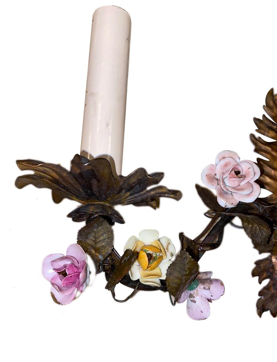 Antique Gilt Metal Sconces with Porcelain Flowers In Good Condition For Sale In New York, NY