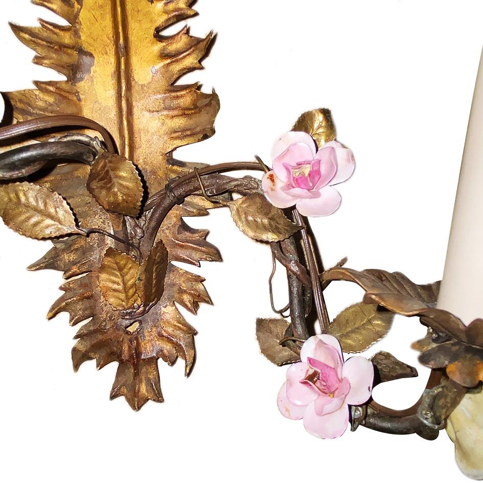 Early 20th Century Antique Gilt Metal Sconces with Porcelain Flowers For Sale