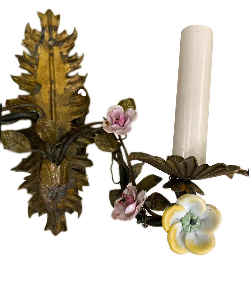 Antique Gilt Metal Sconces with Porcelain Flowers For Sale 1