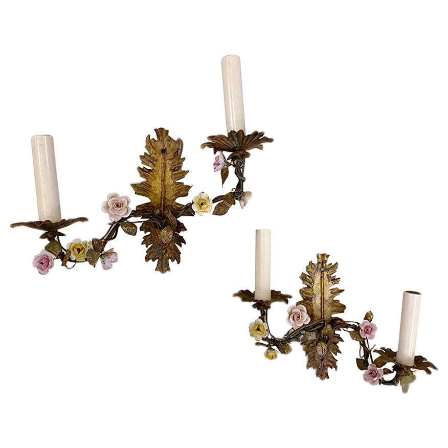 Antique Gilt Metal Sconces with Porcelain Flowers For Sale