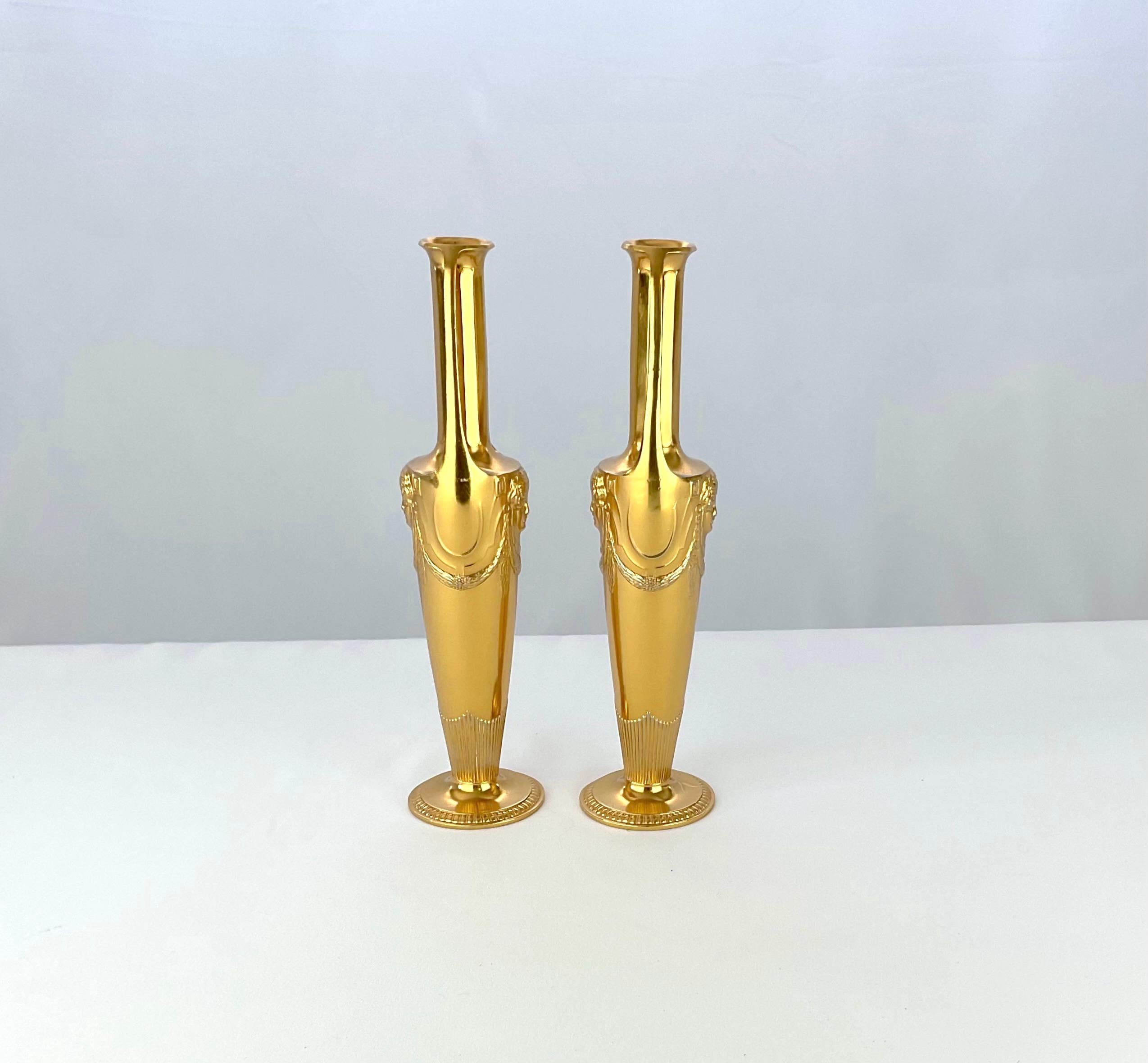 Antique Gilt Metal Vase Pair in Neoclassical Style by Orivit AG of Germany In Good Condition For Sale In Los Angeles, CA