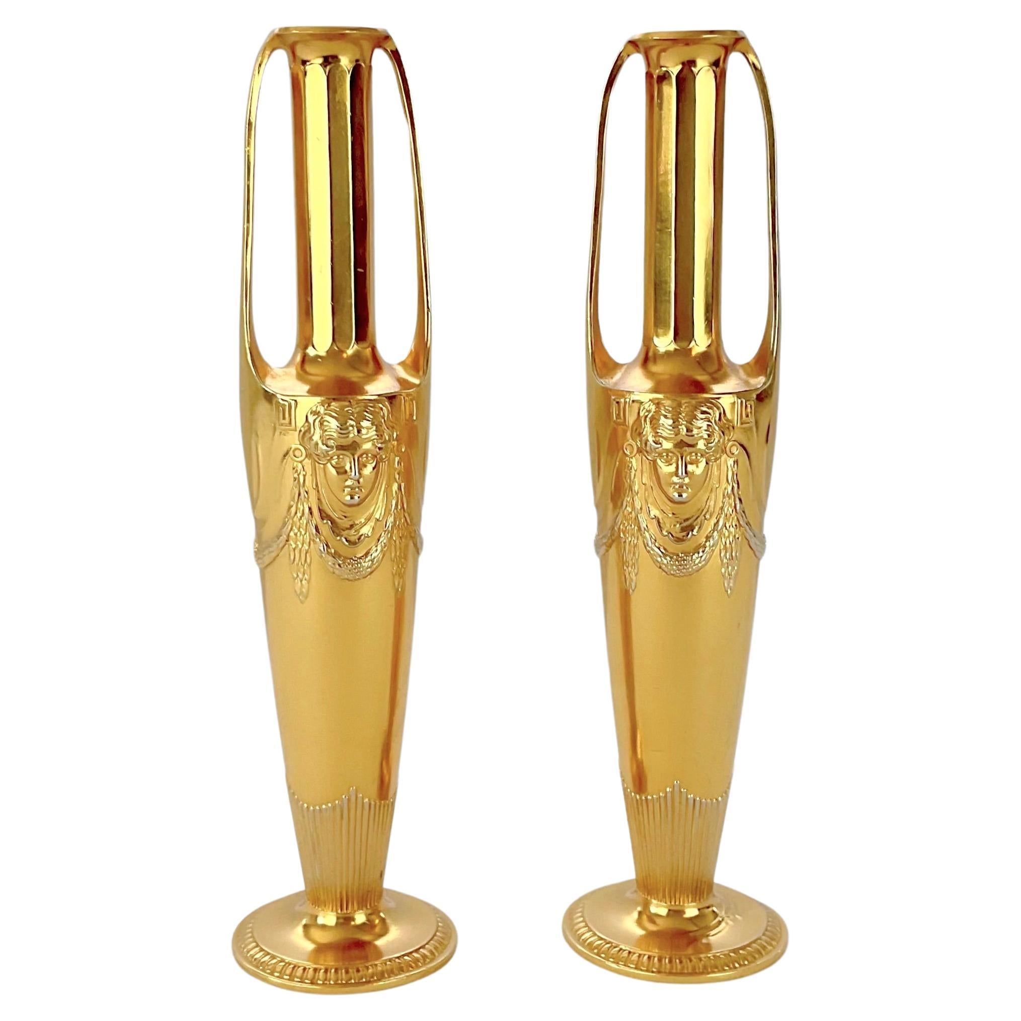 Antique Gilt Metal Vase Pair in Neoclassical Style by Orivit AG of Germany For Sale
