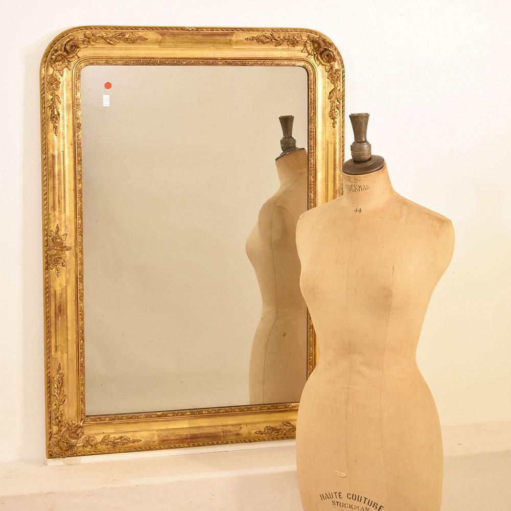 Charles X Antique Gilt Mirror, Mercury Mirror, Wall Mirror, Gold Leaf Frame, XIX Century