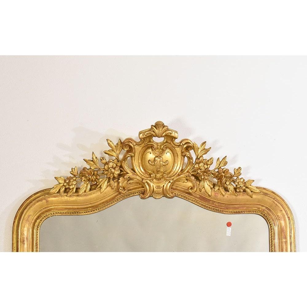 French Antique Gilt Mirror, Rectangular Wall Mirror, Gold Leaf Frame, XIX Century.