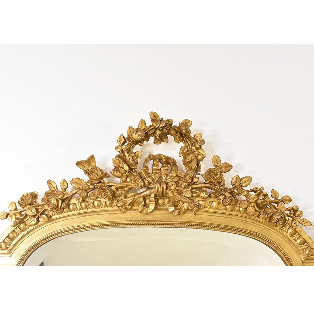 French Antique Gilt Mirror, Rectangular Wall Mirror with Knot of Love, Gold Leaf Frame