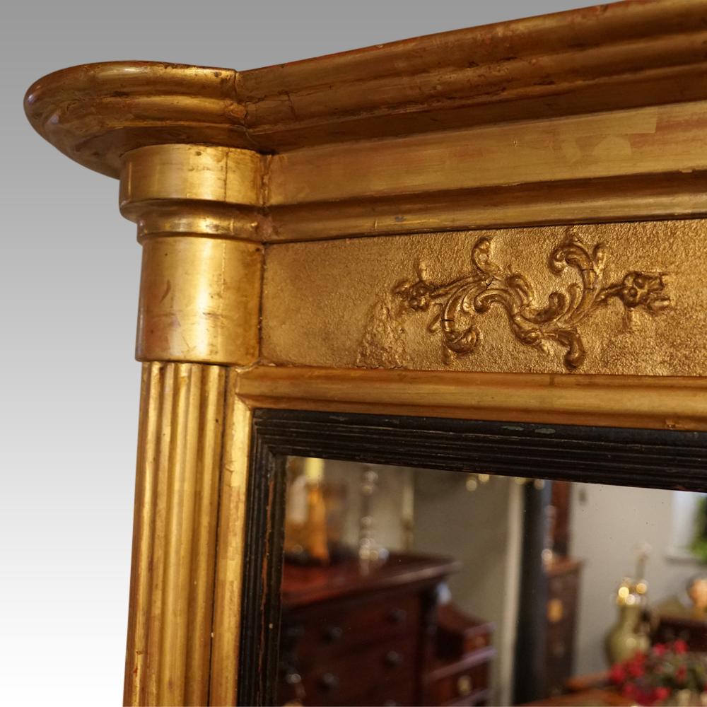 Antique gilt over mantle
This Antique gilt over mantle was made circa 1840.
The over mantle has the 3 original mirror plates with the reeded ebonised slips around the edge of each.
Having pilasters to each side of the mirrors and the rounded turret