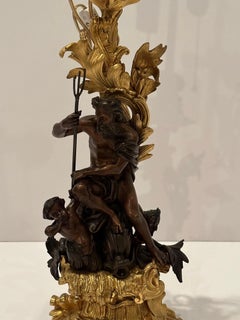 Antique Gilt & Patinated Bronze French Candlestick Lamp with Neptune