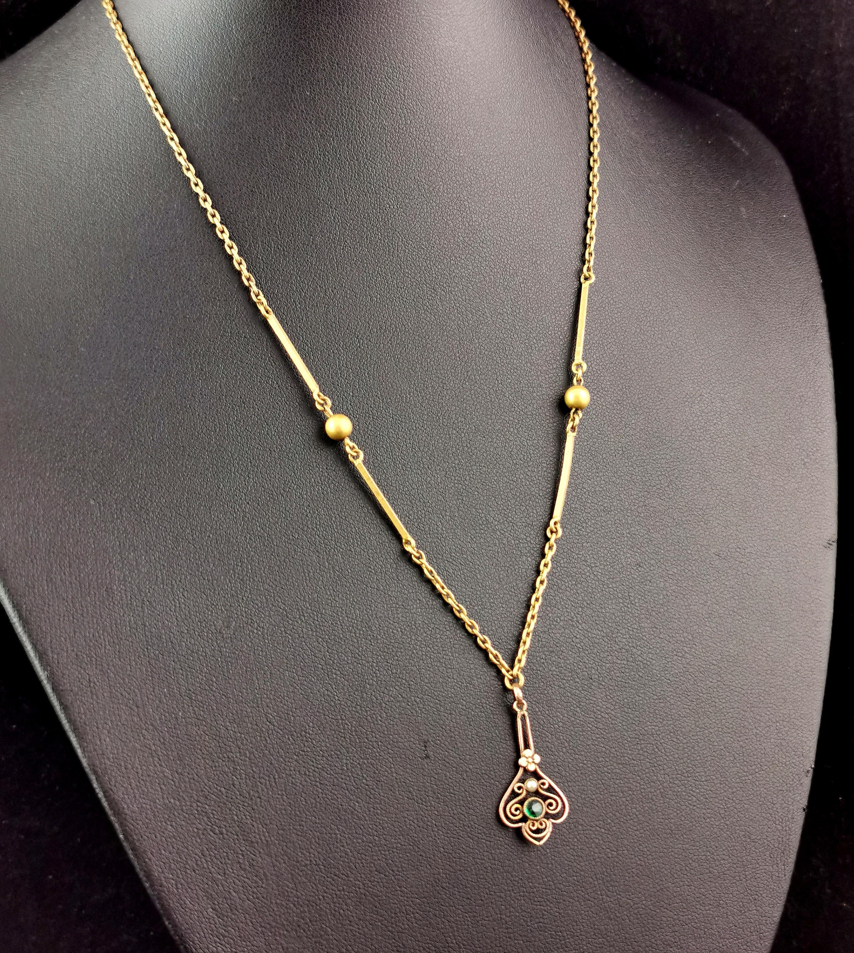 Antique gilt pendant necklace, Green paste, Fancy link chain  For Sale 3