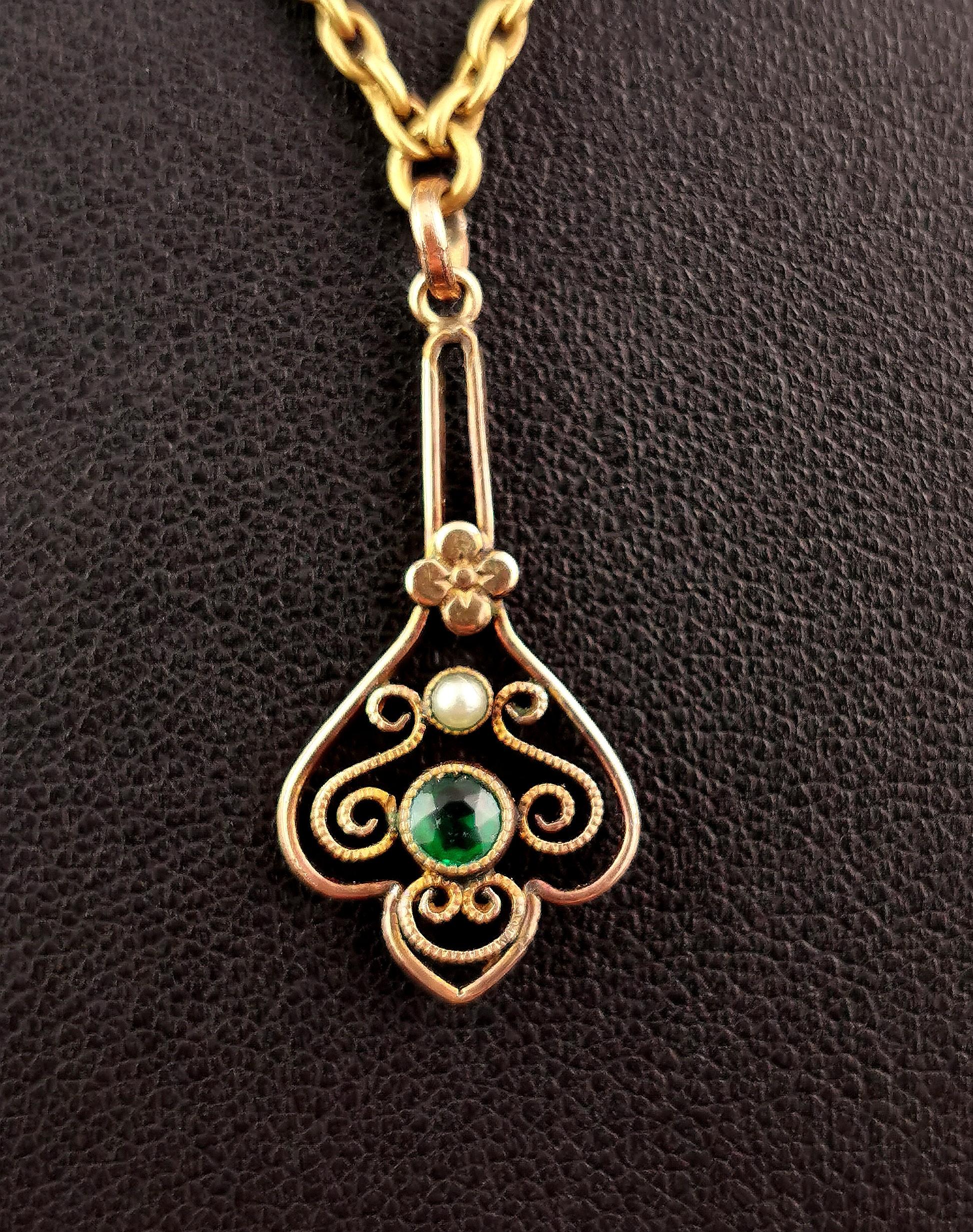 Antique gilt pendant necklace, Green paste, Fancy link chain  For Sale 4